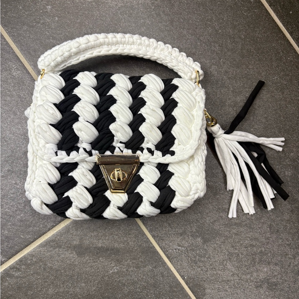 Chic Black and White Woven Mini Bag with Tassel